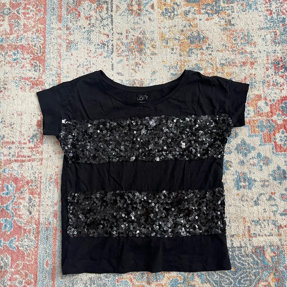 Loft sequin black cap-sleeve cotton T-shirt
